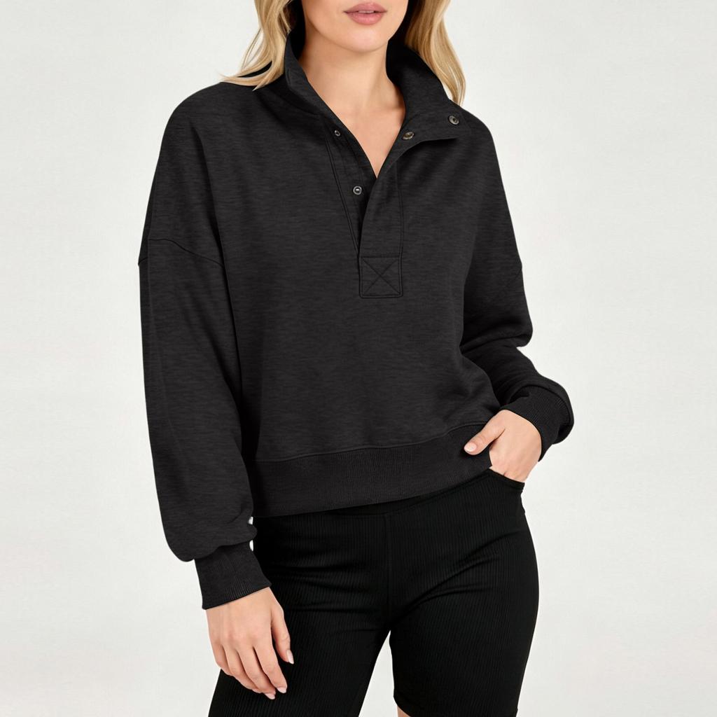 Women's Casual Loose Fit Long Sleeve Sweatshirt with Half Button Placket for Fall Winter