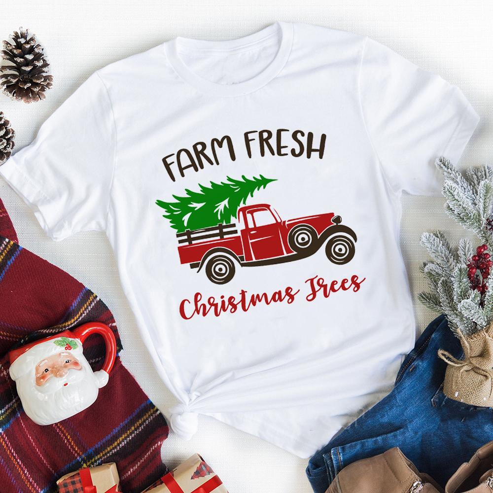Merry Christmas Plaid Tree Printed T Shirt Fashion Graphic Women Top Tshirt Female Kawaii Tee Ladies