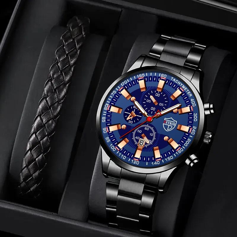 

Модные мужские деловые часы, мужские наручные часы с ремешком из нержавеющей стали, мужские кварцевые часы, браслет, набор часов с датой