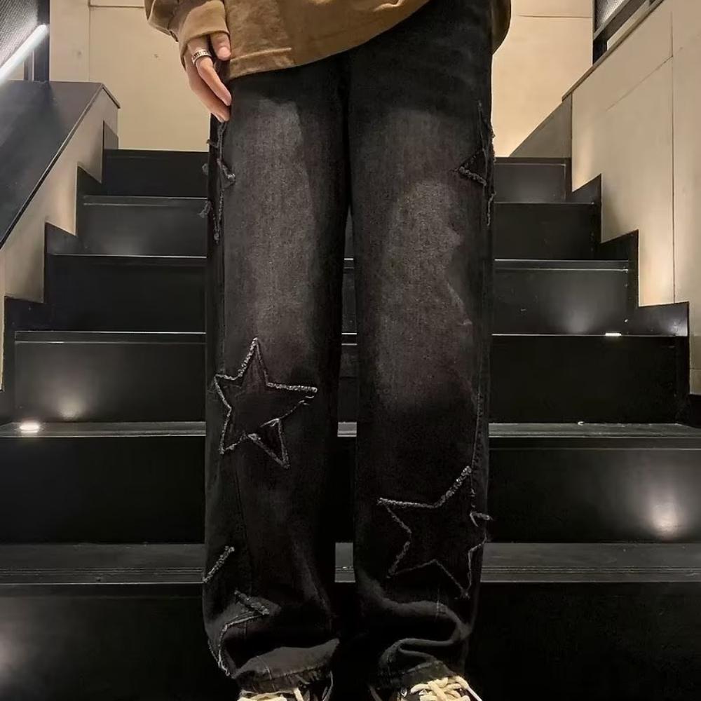 Star Embroidery Straight Casual Men Jeans Gothic Neutral Wide Leg Loose Hip-hop Fashion Youth Streetwear Denim Trousers