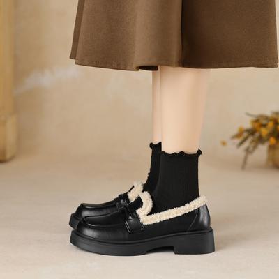 Weiwei Girl 75-98 Velvet Loafers Women's Platform Warm Black One-pedal Small Leather Shoes Thick Heel Single Shoes Women