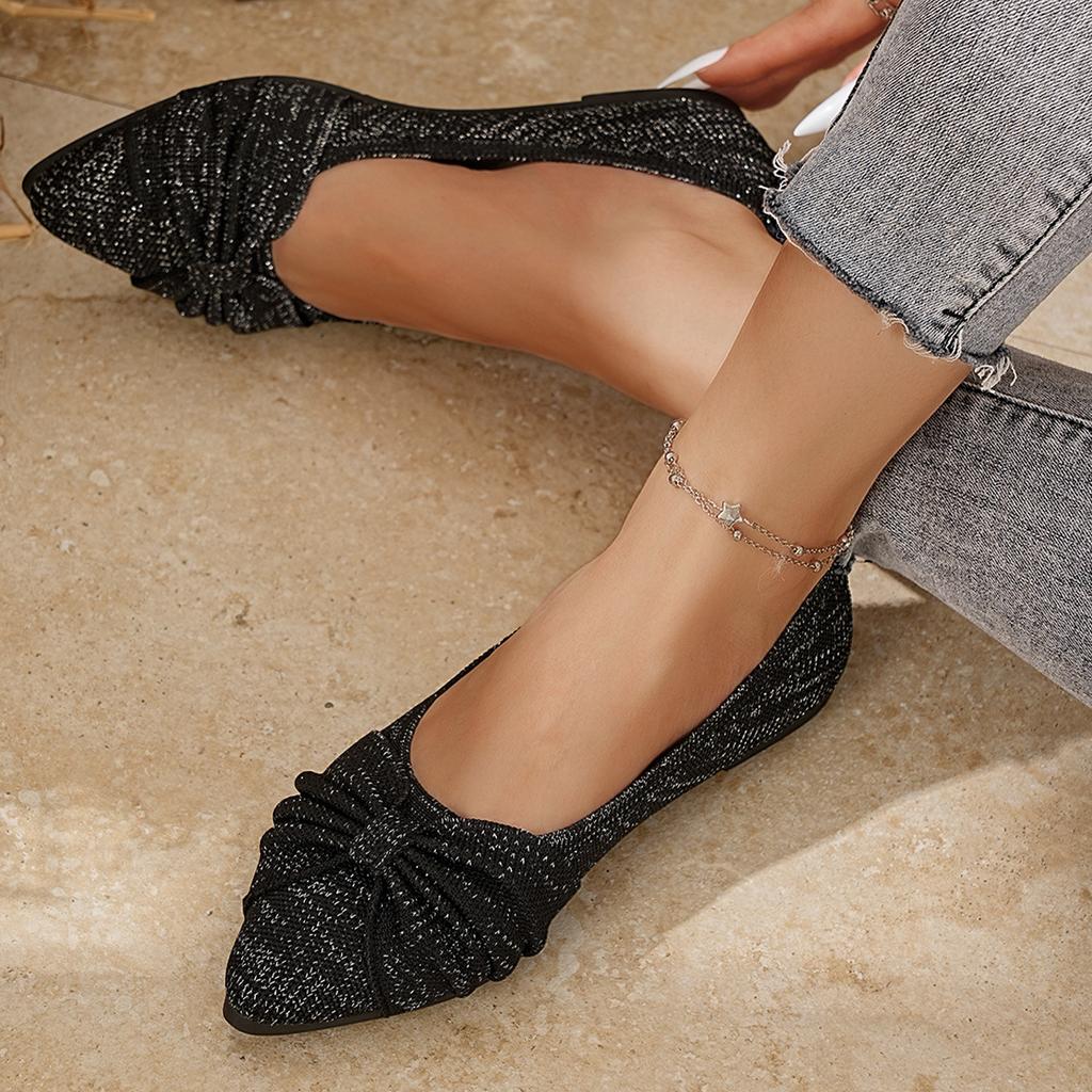 Women's Wide Width Flyknit Slip-On Flats - Bow Detail Low-Cut Loafers for Work, Breathable Casual Shoes