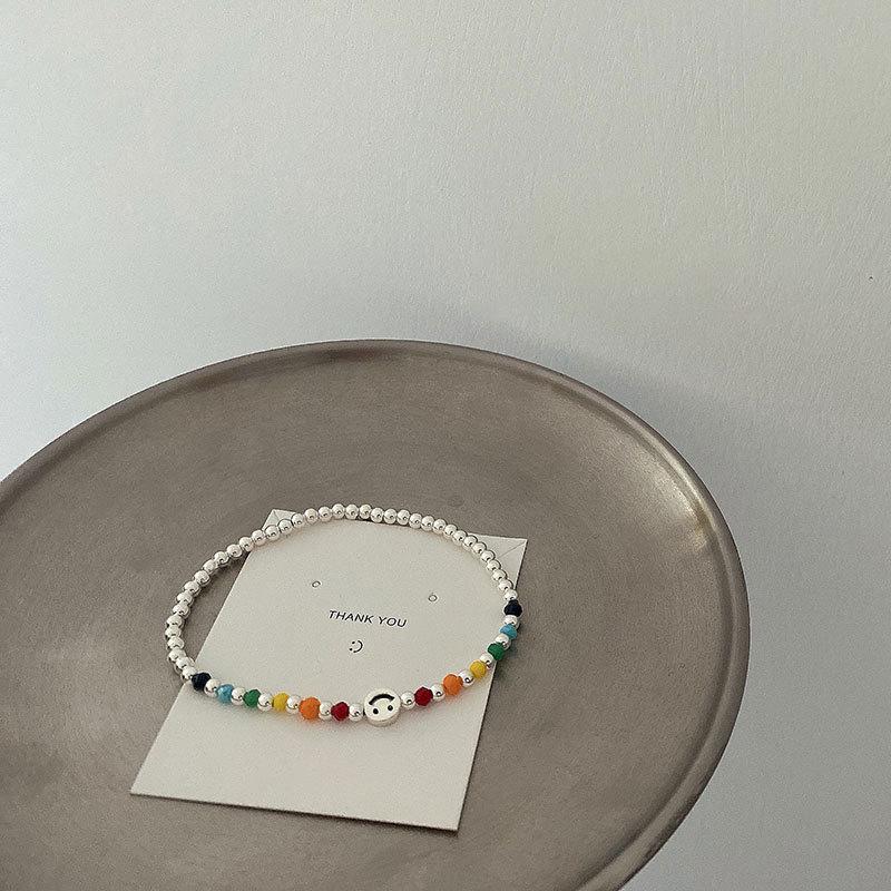Korean Style S925 Silver Plated Rainbow Bead Heart Bear Bracelet - Women's Fashion Jewelry