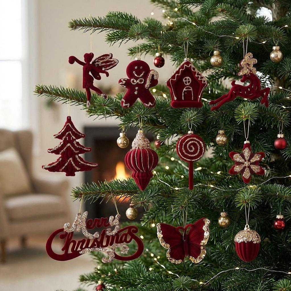 New Christmas Tree Red Flocking Ornaments and Bow Decorations