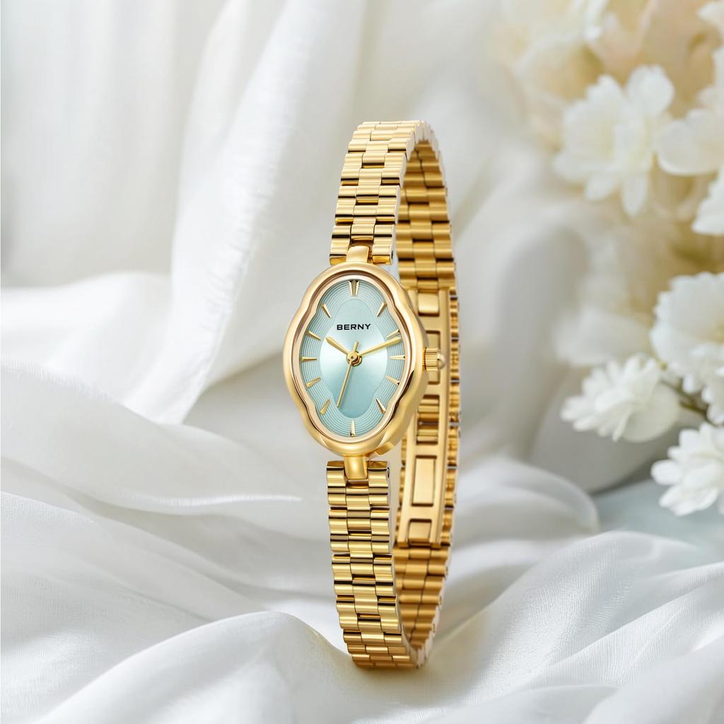 BERNY Armbanduhr Damen Gold Armbanduhr Damenuhr Vintage Kupfer Spiegelform Japanisches Quarzwerk 3ATM Wasserdicht Ganz Edelstahl Mode Damen