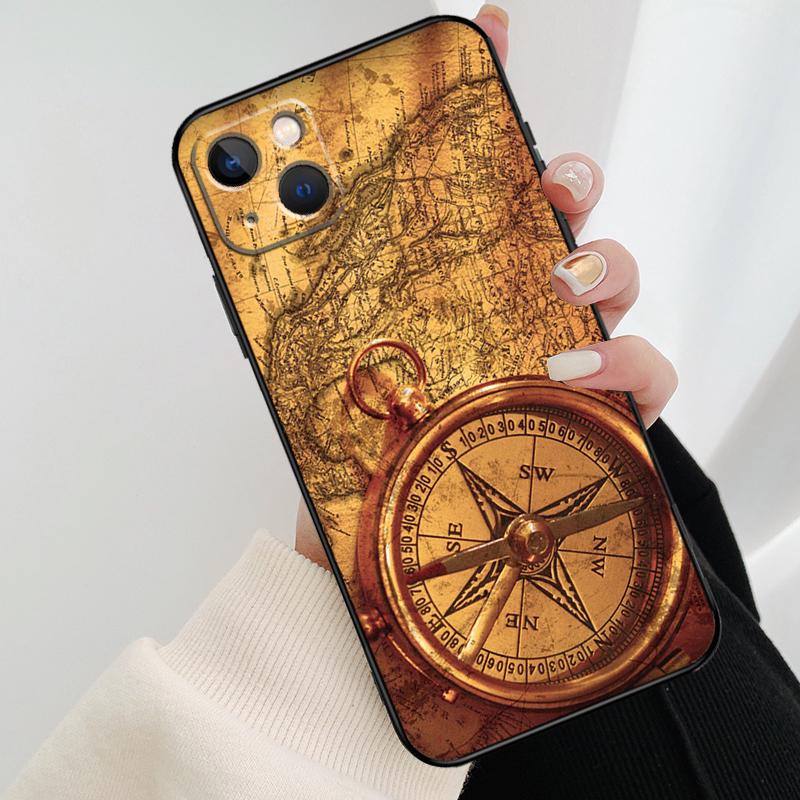 World Map Compass Nautical Phone Case For iPhone 11 12 13 14 15 16 Pro Max Mini X XR XS Max Plus Cover Funda