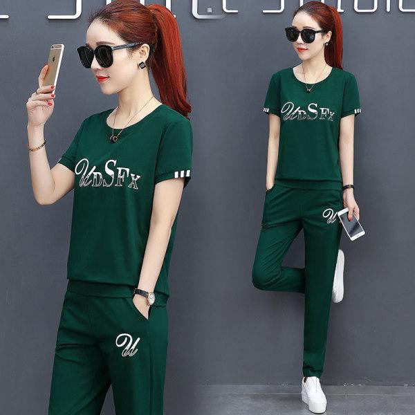 

Женский повседневный спортивный комплект из двух предметов: футболка с коротким рукавом и широкие брюки L темно-зеленого