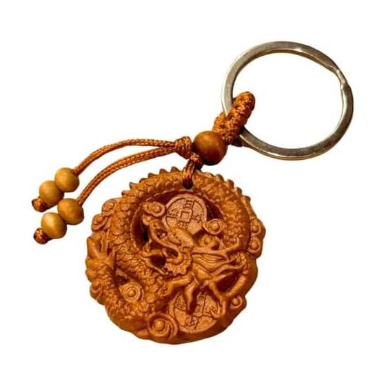 [DAZUMA] Keychain Dragon Netsuke Strap Wood Carving Good Luck Feng Shui Goods Money Luck Natural Wooden Netsuke Blue Dragon Dragon Sculpture