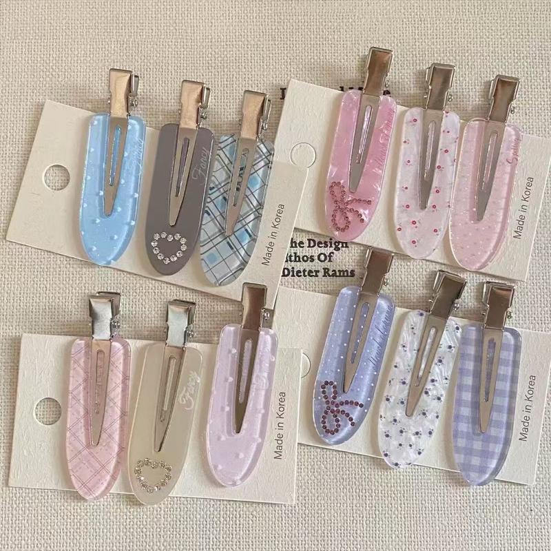 3Pcs Grid Patterned Heart-Shaped Hair Clip With No Trace On The Side Women'S Bangs Duckbill Headwear Y2K Gift