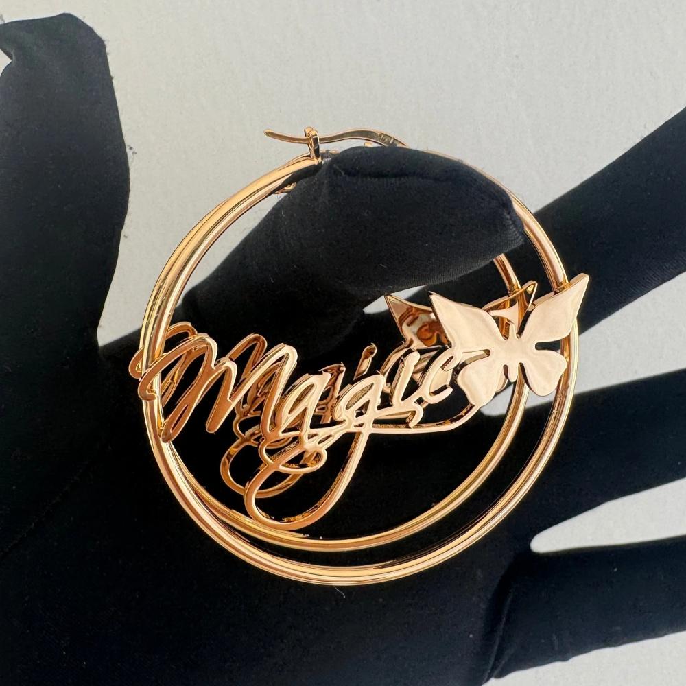 Fashionable Personalized Name Earrings Stainless Steel Customized  Large Hoop Butterfly Earrings Christmas Birthday Gift