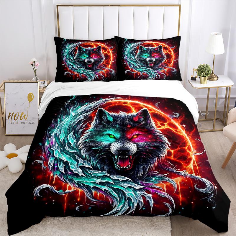 3pcs Galactic Wolf Print Bedding Set (1 Cover + 2 Pillowcases, Without Inserts), This Printed Bedding Set is Soft and Comfortable, Suitable for U