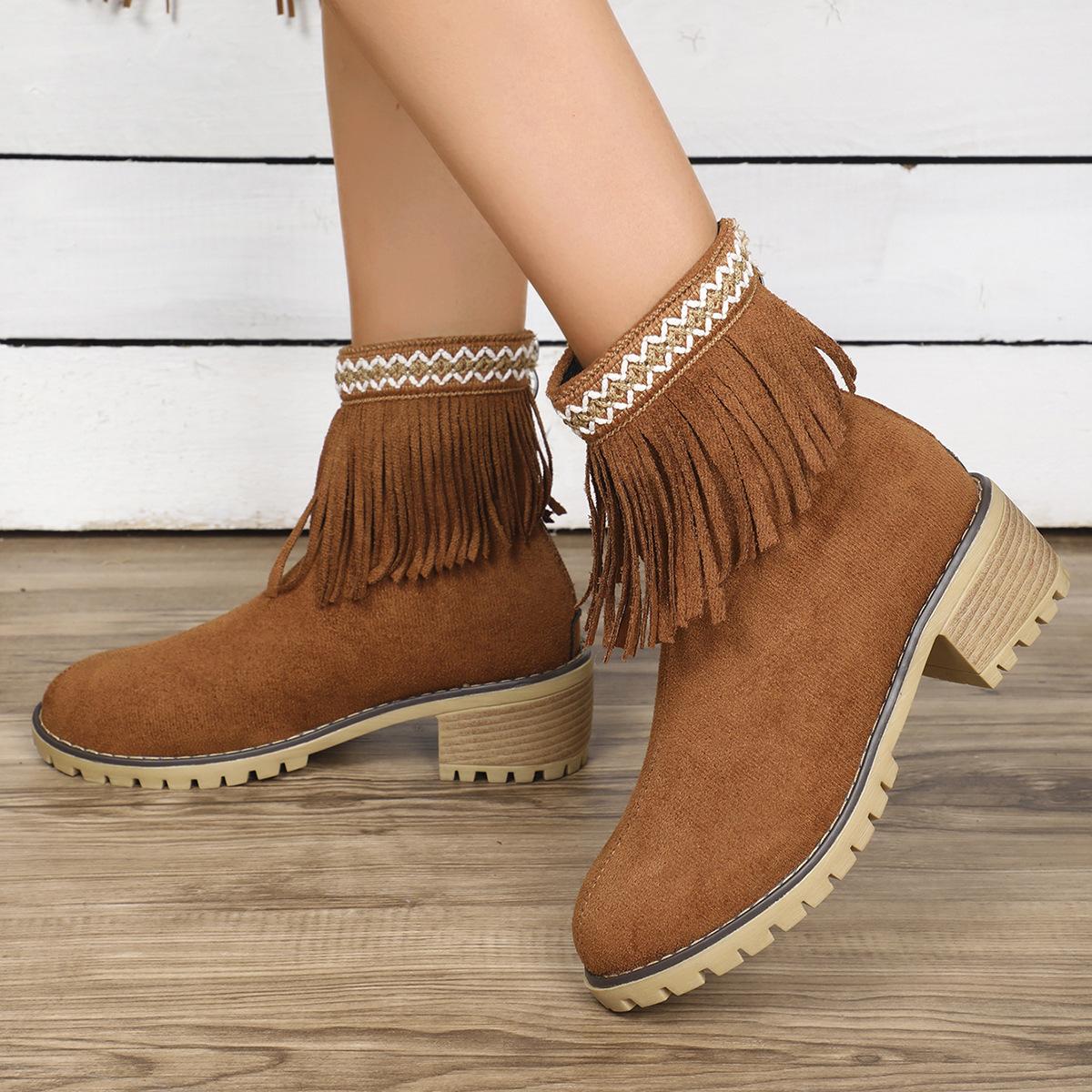 

Autumn and winter new fringed boots women s fashion thick heel round head short boots matte suede round head short boots women 43