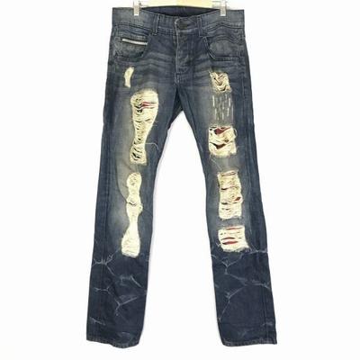 Made In USA Rockstar Sushi Distressed Crashed Biker Denim Pants W30 Dark Navy Bike Riders(USED)