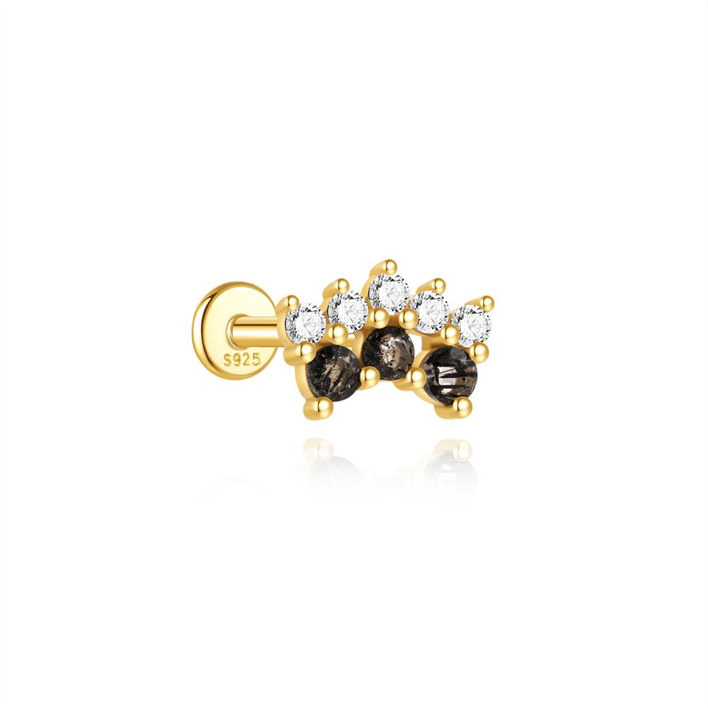 AIDE 1PC Black Rutilated Quartz Flat Head Threaded Puncture 925 Silver Earring For Women Gleaming Rainbow Zircon Studs