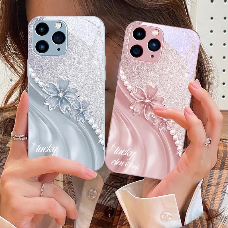 Kreatives Pfirsichblüten-Lila für iPhone 16 Pro Max 15 Pro 14 13 12 Mini 11 XS Max XR 7 8 Plu SE 2022 Handyhülle aus gehärtetem Glas