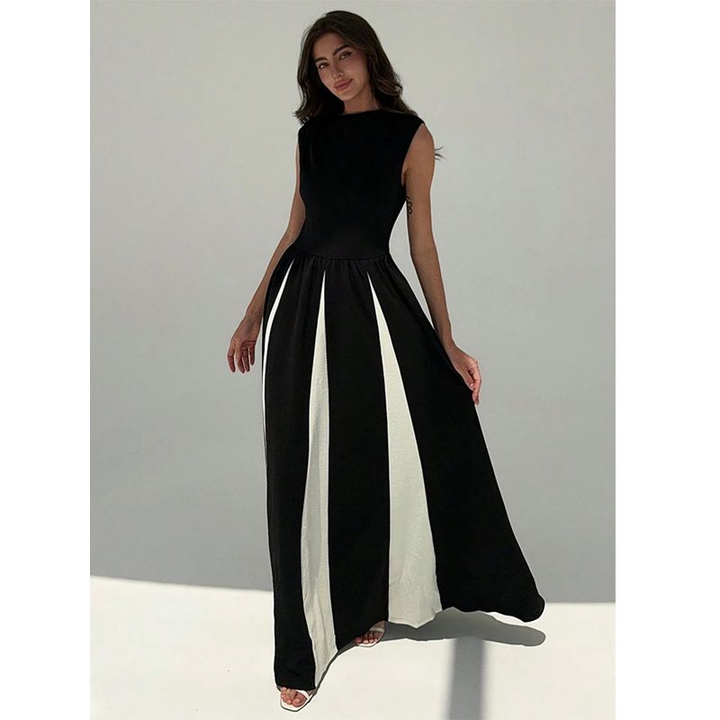 Elegance Round Neck Sleeveless Waist Black and White Color Contrast Patchwork Dress Fashion Evening Dress Women's Dress Dresses