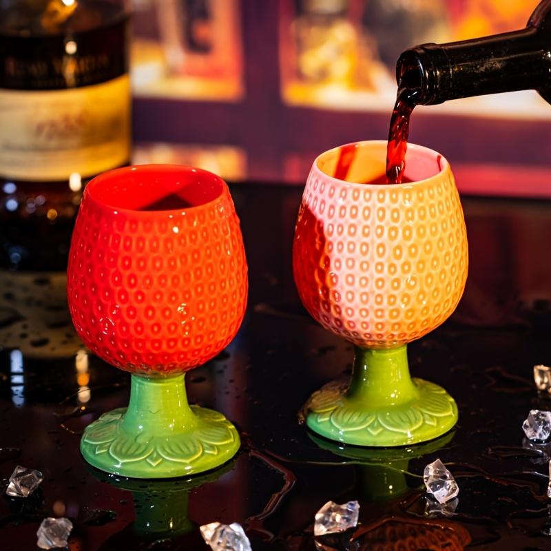 Ceramic Strawberry Embossed Wine Glass Set, Large European Style Stemware for Dining and Milk, Reusable, Insulated , Machine Washable