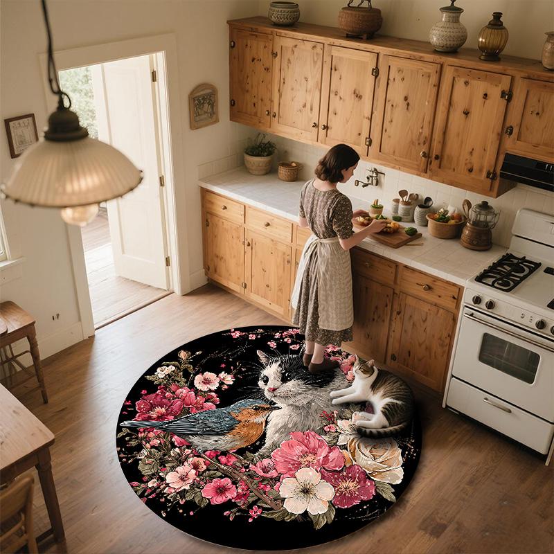 Floral Cat Round Area Rug,Carpet Rug for Living Room Bedroom Sofa Playroom Decor,Non-slip Floor Mat