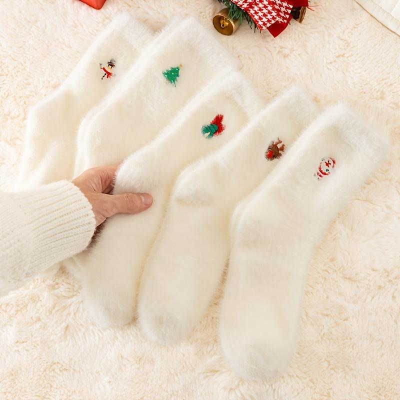 

Cozy White Plush Xmas Socks - 5PCS Mid-Calf Warm Holiday Socks with Festive Designs for Teens. Soft & Thick for Winter Comfort! One Size