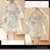 Toa Soa Floral Print Mini Chiffon Tunic Long Korean Puff Fits Shorter Women's Dress, Tiered, Off-the-Shoulder, Sleeves, Elegant, Casual, Style,