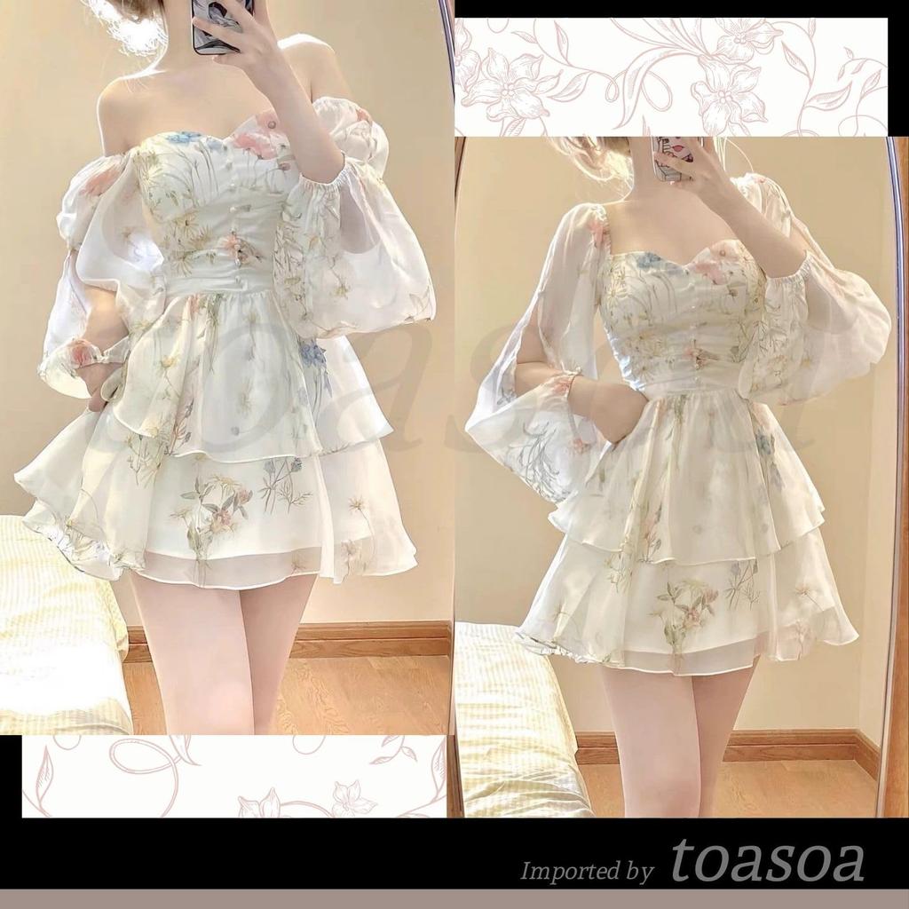 Toa Soa Floral Print Mini Chiffon Tunic Long Korean Puff Fits Shorter Women's Dress, Tiered, Off-the-Shoulder, Sleeves, Elegant, Casual, Style,