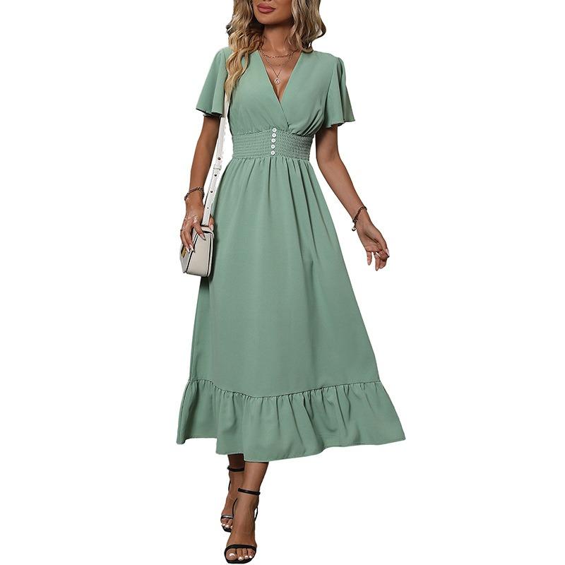 New Summer Ruffle Leaf Edge Long Dress V-neck Fresh Green Dress