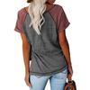 Loose Women's Short Sleeve V-Neck Color Block Casual T-shirt Button Decor Top