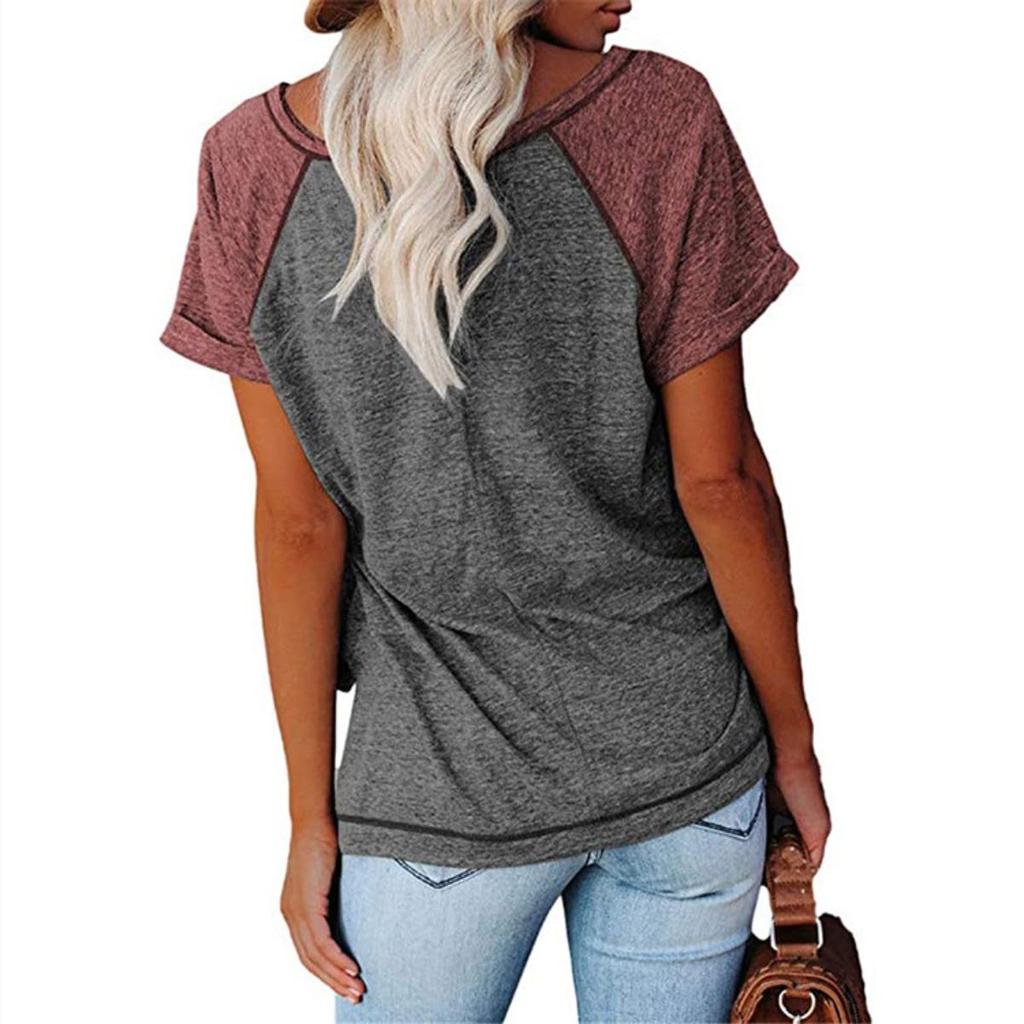Loose Women's Short Sleeve V-Neck Color Block Casual T-shirt Button Decor Top