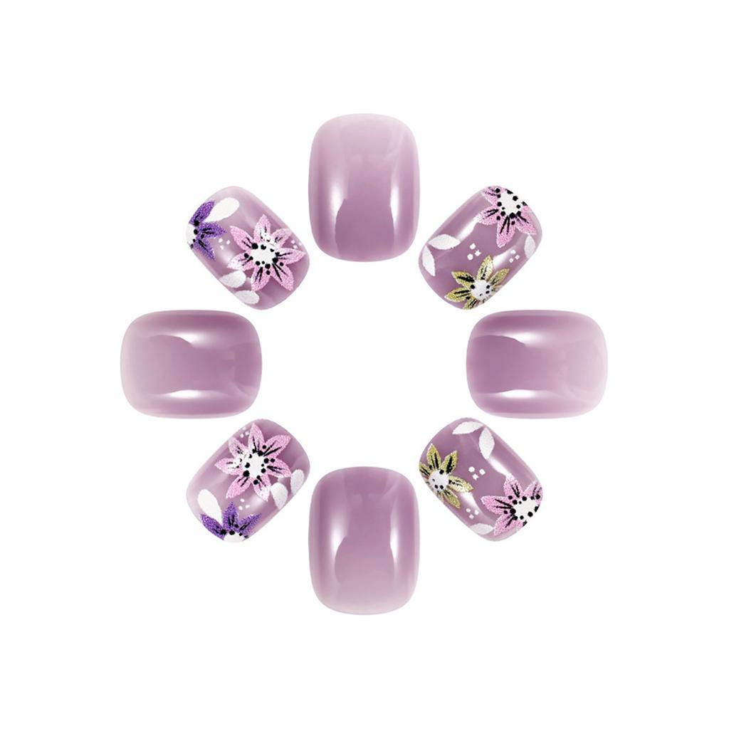 24 Pieces Press On Nail Short Square False Nail Purple Floral French Tips Full Cover Manicure Designs for Women