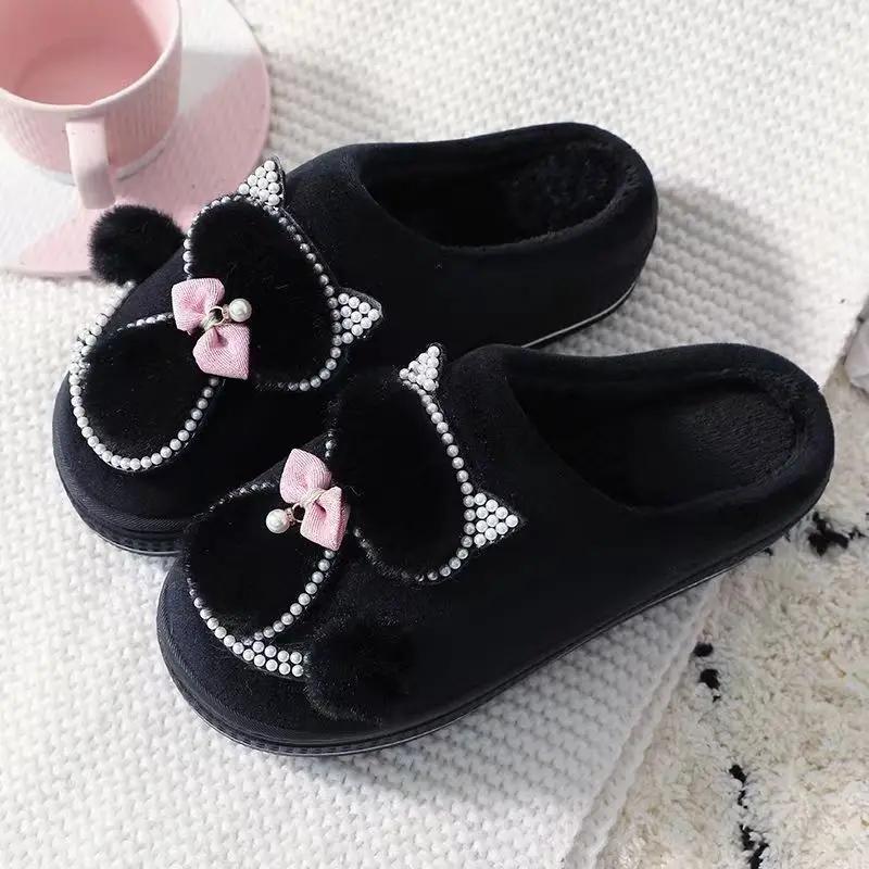 Fashion Girls Winter cotton slippers plush indoor rhinestone ladies shoes 2025 stylish new arrival women platform slippers