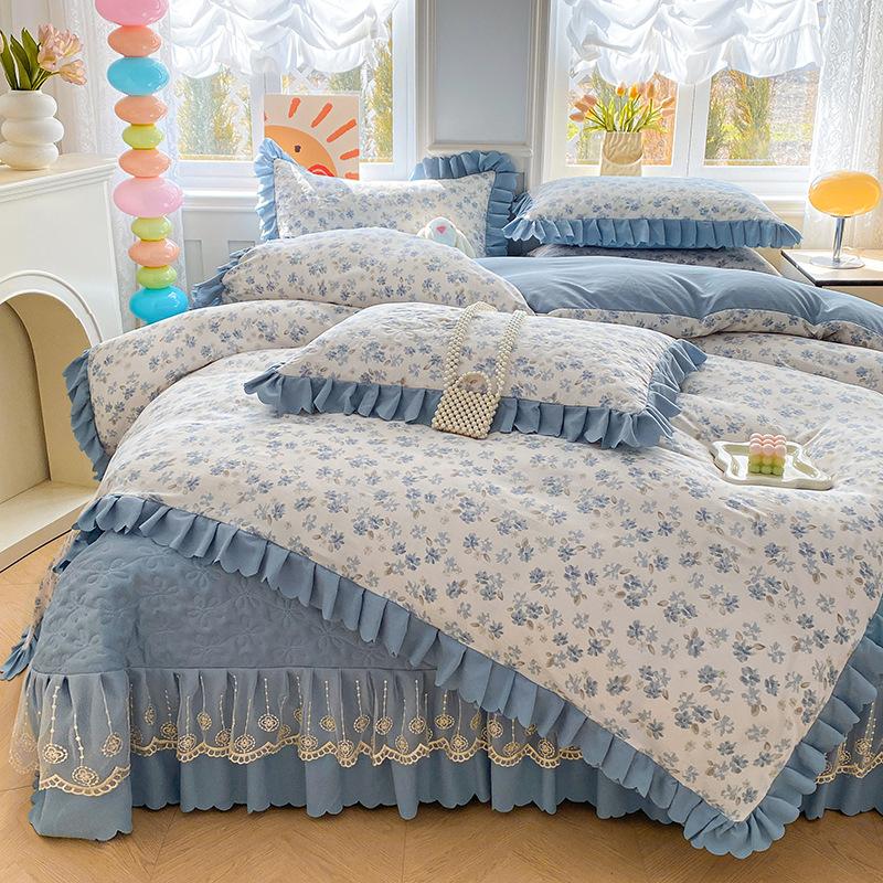 Pure Cotton Double-layer Yarn Quilt Cover Bed Skirt Lace Single-piece Three-piece Four-piece Set Four-season Universal Bed Sheet Quilt Cover