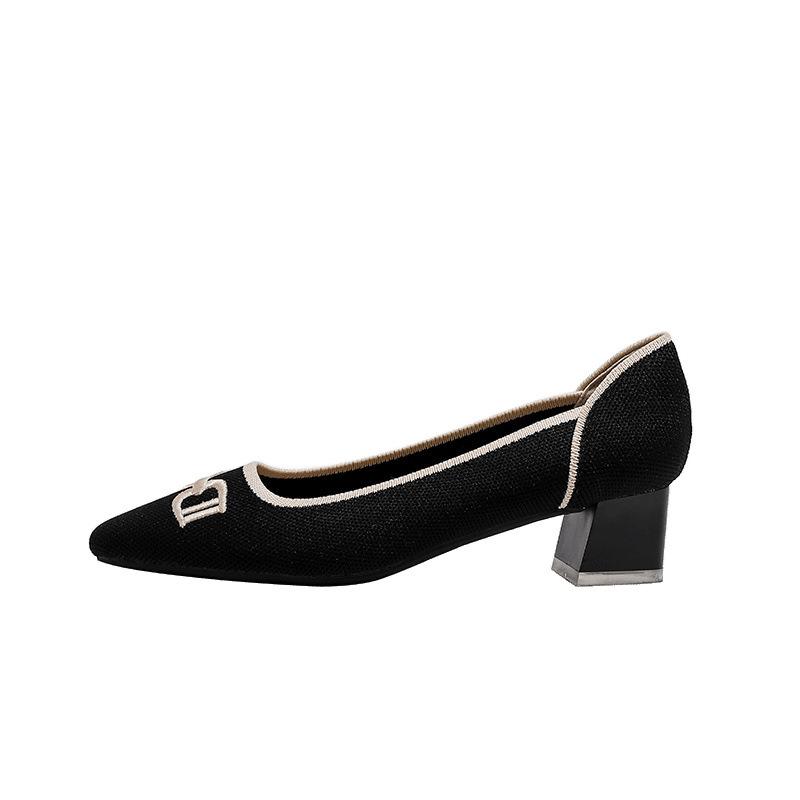 Coarse heel single shoes women's shoes knitted spring and autumn embroidery Japanese medium heel flying knitting temperament high heel