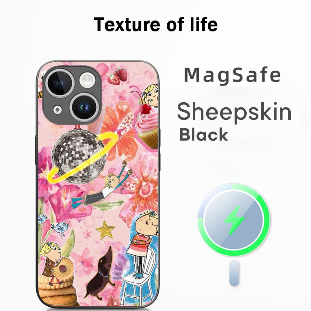 Charlie lola cartoon cute pattern desgin Phone Case For iPhone 16 15 14 13 12 11 Plus Pro Max  High-end Luxury Magsafe Sheepskin