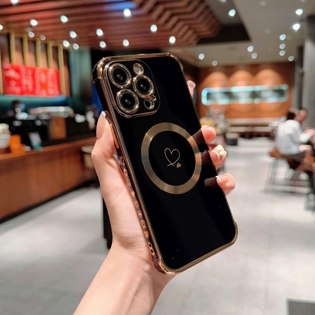 Applicable To iPhone17Promax Electroplating Double Love Mobile Phone Case Apple 16Pro Magnetic Anti-drop 15 Protective Case