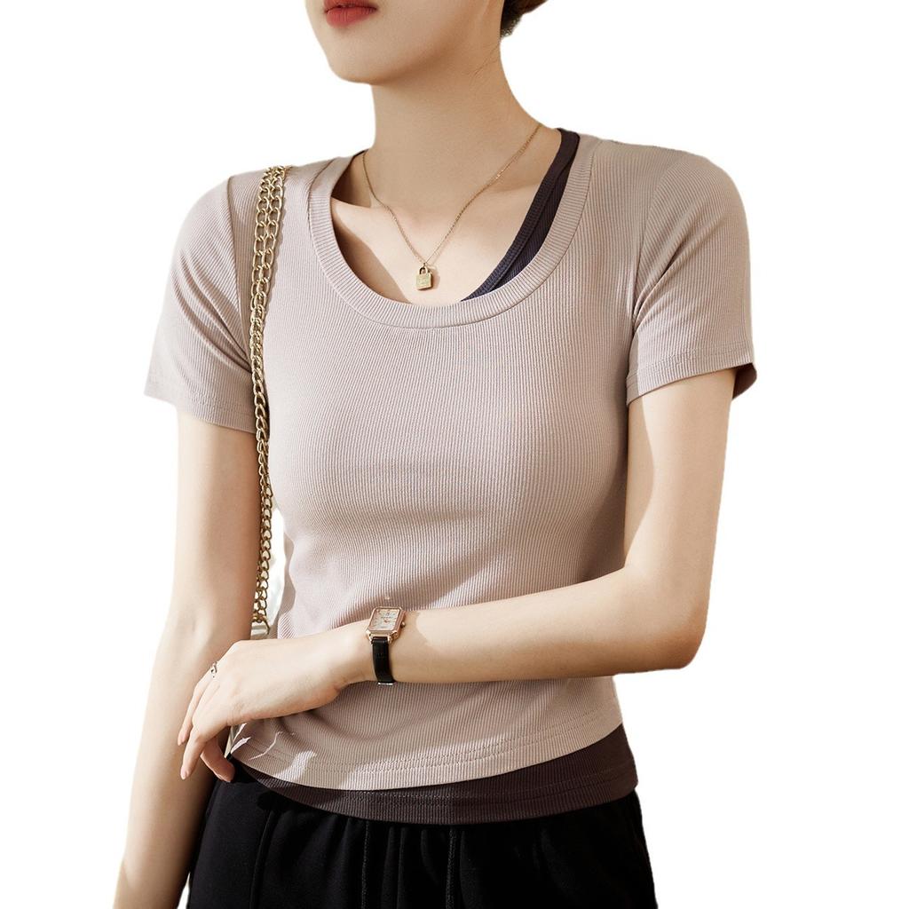 Dámské tričko s krátkým rukávem na léto, nové, slim-fit a tenké spodní tričko s kontrastním prošíváním a efektem falešného dvoudílného provedení