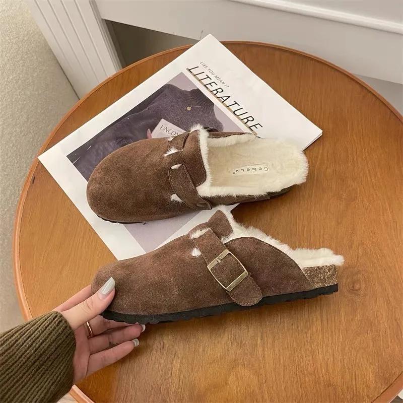 Fashion Comfortable Fur Classic Clogs for Women Winter New Fashion Cork Insole Plush Slipper with Arch Support Cozy Furry Suede Shoes