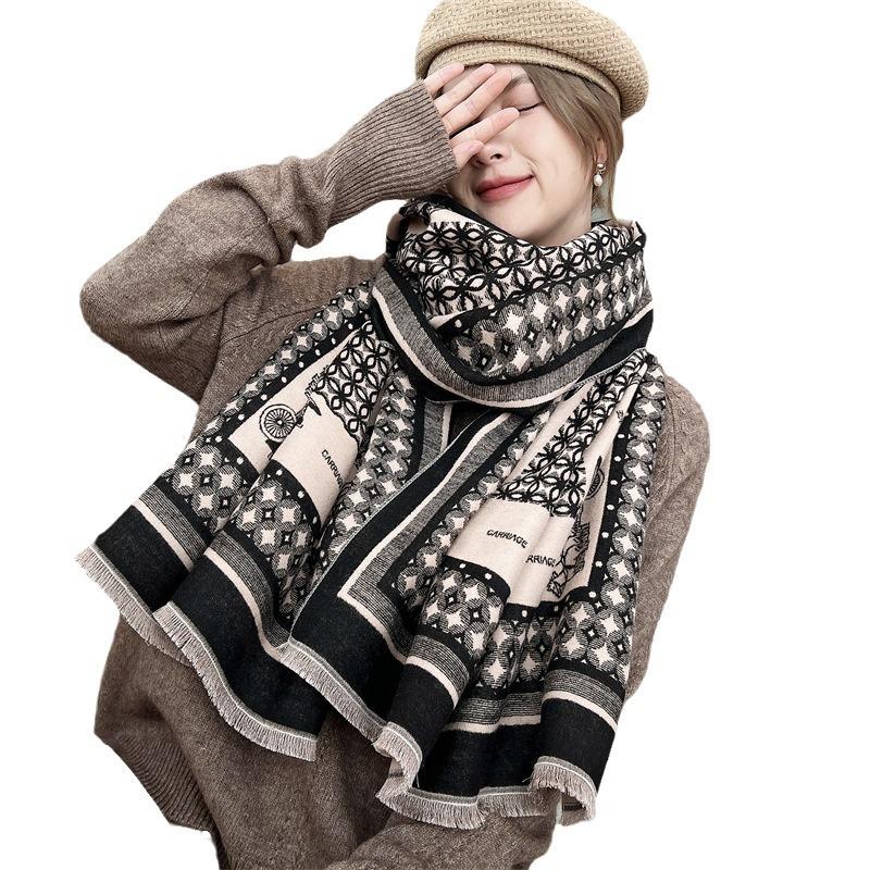 Scarf Women's Winter Versatile Thickened Warm Carriage Shawl with Imitation Cashmere Double-sided Jacquard Scarf Neck Protection