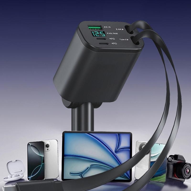 90W Double USB C Auto Charger Type C Retractable Cable Builts In Safety Protections for Multiple Devices Charging