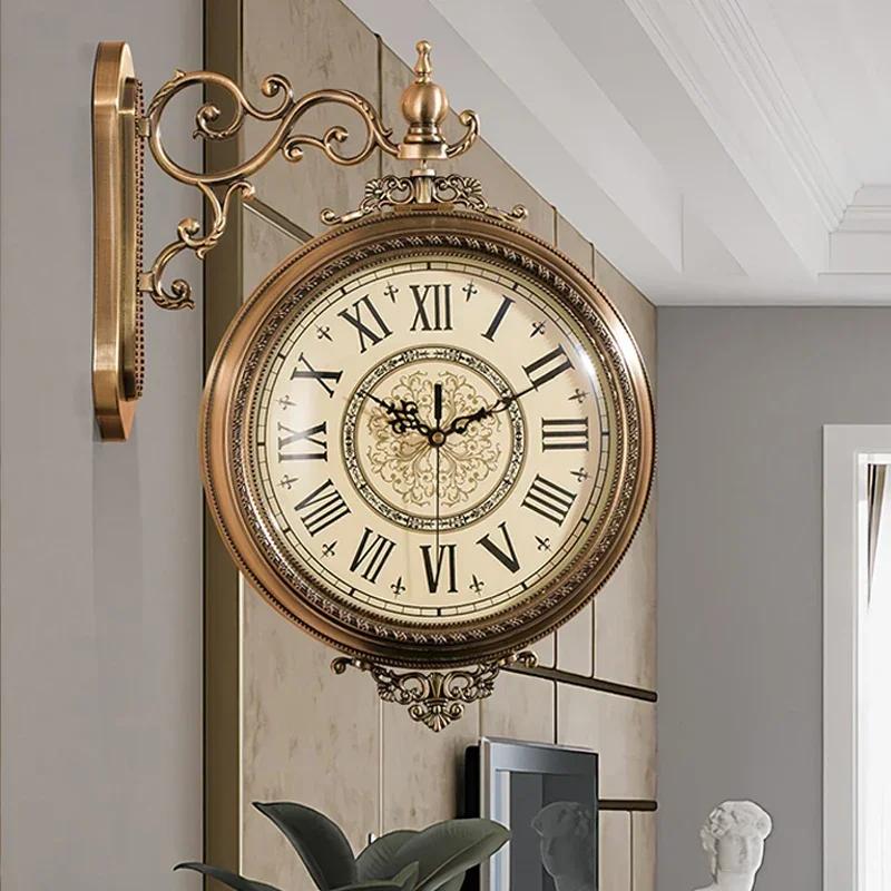 European Luxury Double Sided Wall Clock Unique Living Room Chinese Watch Large Vintgae Quiet Roman Kitchen Clock Wall GiftD7O5F7