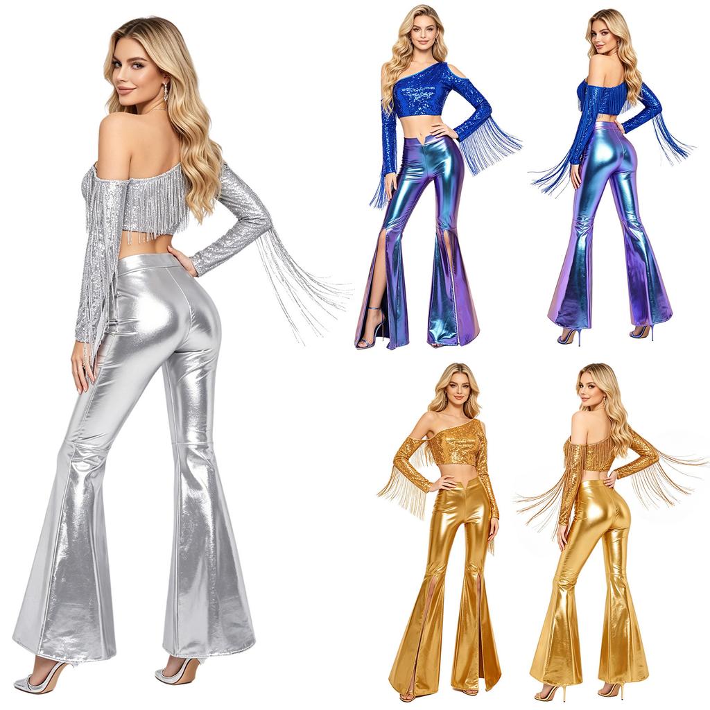 Women Disco Dance Outfit Cold Shoulder Long Sleeve Tassel Sequined Crop Top Metallic Shiny Flared Pants