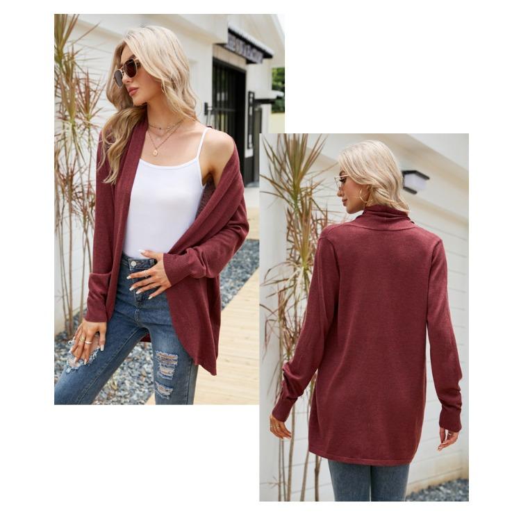 GMXIA Women's Solid Color Print Mid-length Sweater Coat Temperament Loose Knit Autumn Winter Long Sleeve V-Neck Jackets & Coats