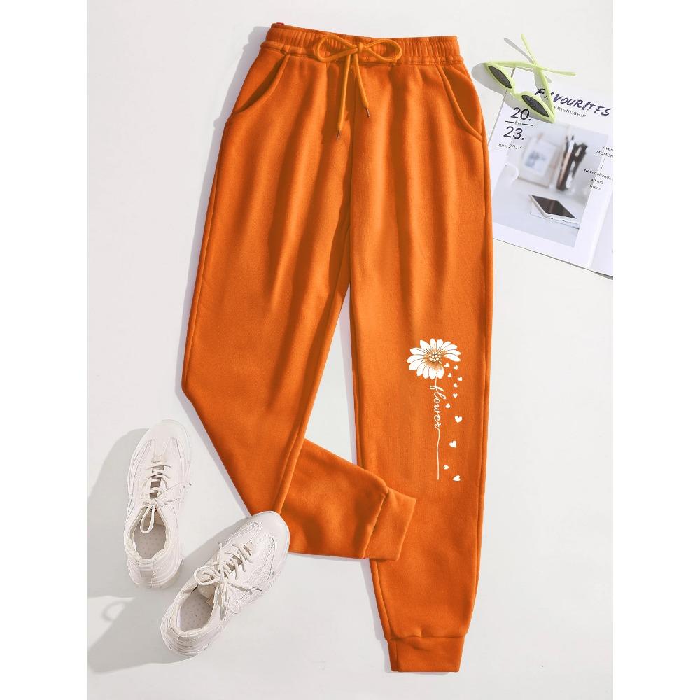 Creative Love Flower Print Women Elastic Waist Pants Jogger Fleece Drawstring Long Pant Fashion Sports Sweatpants