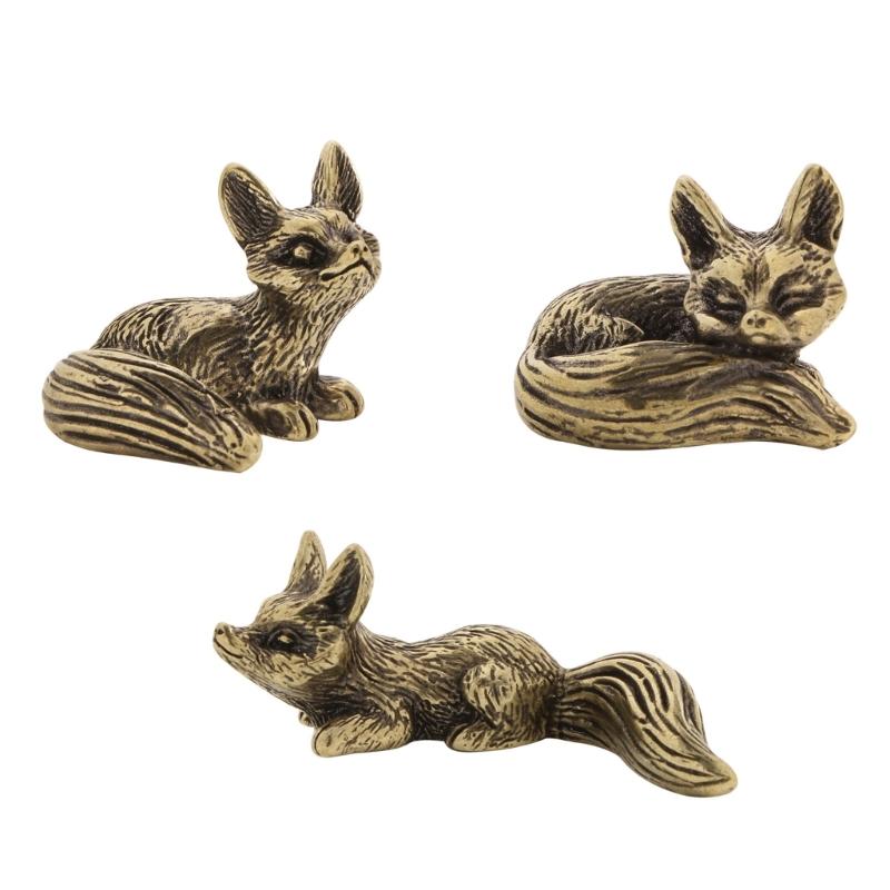 Metal Foxes Sculpture Antique Animal Miniature Statue Desk Ornament for Study Office Home Decoration Cultural Gift