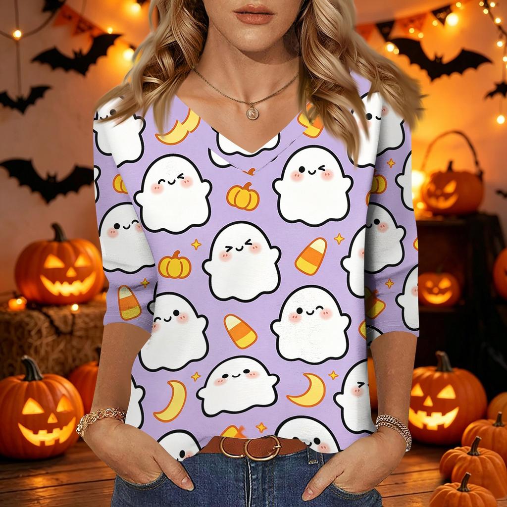 Women Casual Halloween Print V Neck Three Quarter Sleeve Top Lightweight Comfortable Fit Stylish Design for Daily Wear