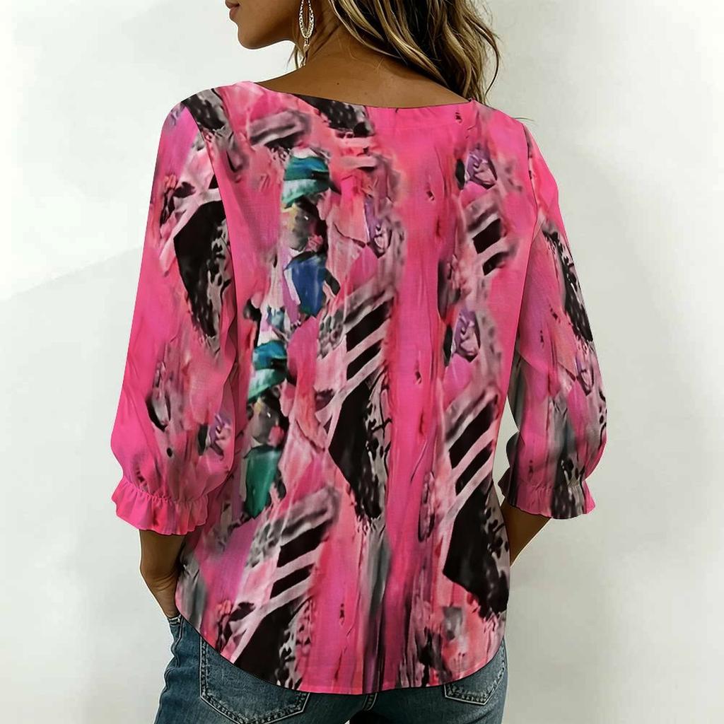 Women Square Neck Blouse Teal Leopard Floral Patchwork Print Ruffle Three Quarter Sleeve Shirt