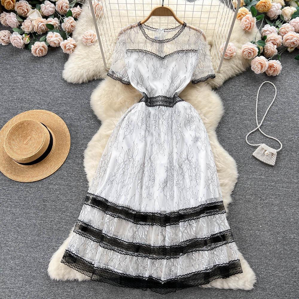 

Новое летнее женское элегантное однотонное кружевное вечернее платье с круглым вырезом, повседневные длинные платья миди