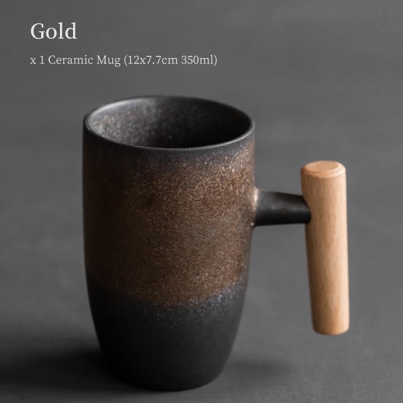 350ml Ceramic Mug Vintage Wooden Handle Handmade Japanese Style Office Coffee Cup