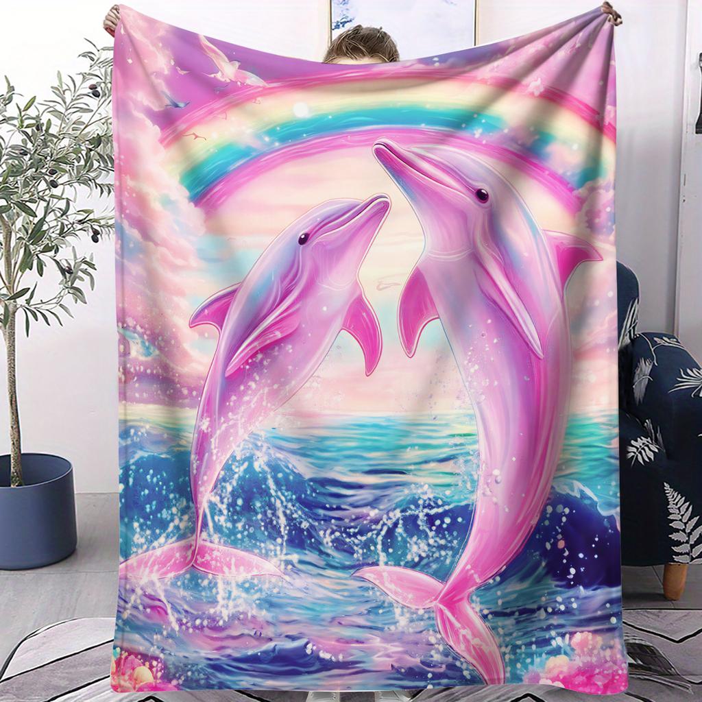 Sunset Beach DolphinCute Blanket For Girl Boy Sofa Office Travel Comfort Leisure Camp Travel  Multifunctional Universal Blanket