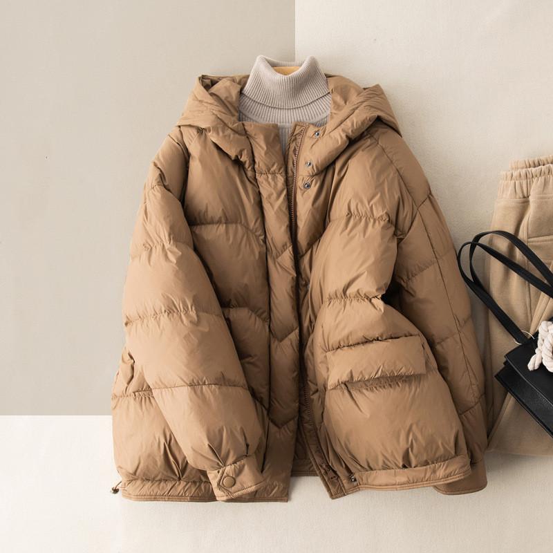 2023 Women's Artistic White Duck Down Hooded Jacket - Lightweight, Short, and Trendy Loose Fit.