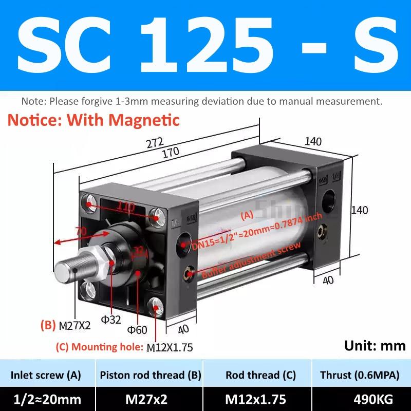 SC Standard Air Cylinder SC80/100/125/160mm Bore Small With Magnetic Pneumatic Cylinder Piston 300/400/500/600/800/1000mm Stroke